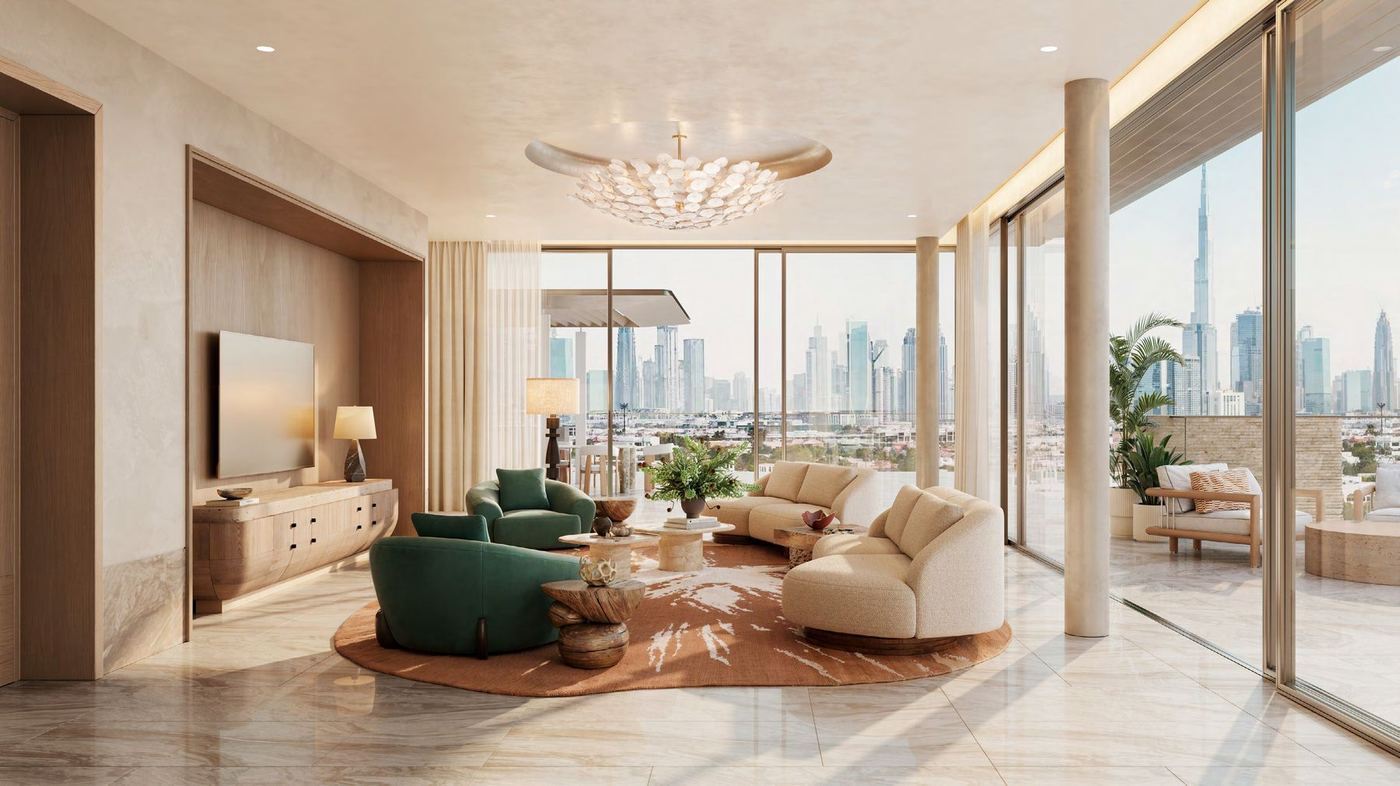 Penthouse living room with skyline view